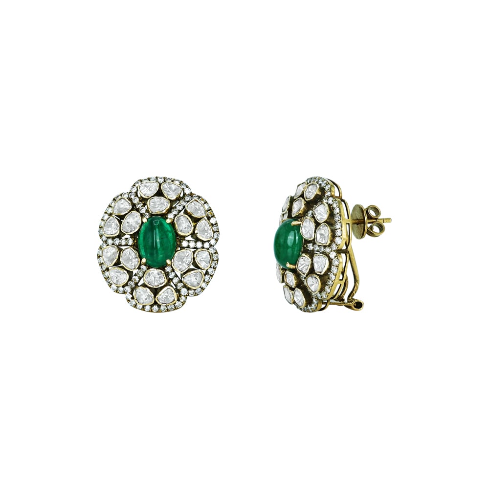 Emerald-Centered Polki Stud Antique Earrings with Floral Diamond Halo